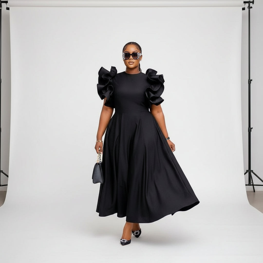 Round Neck Puff Flared Sleeves Midi Dress