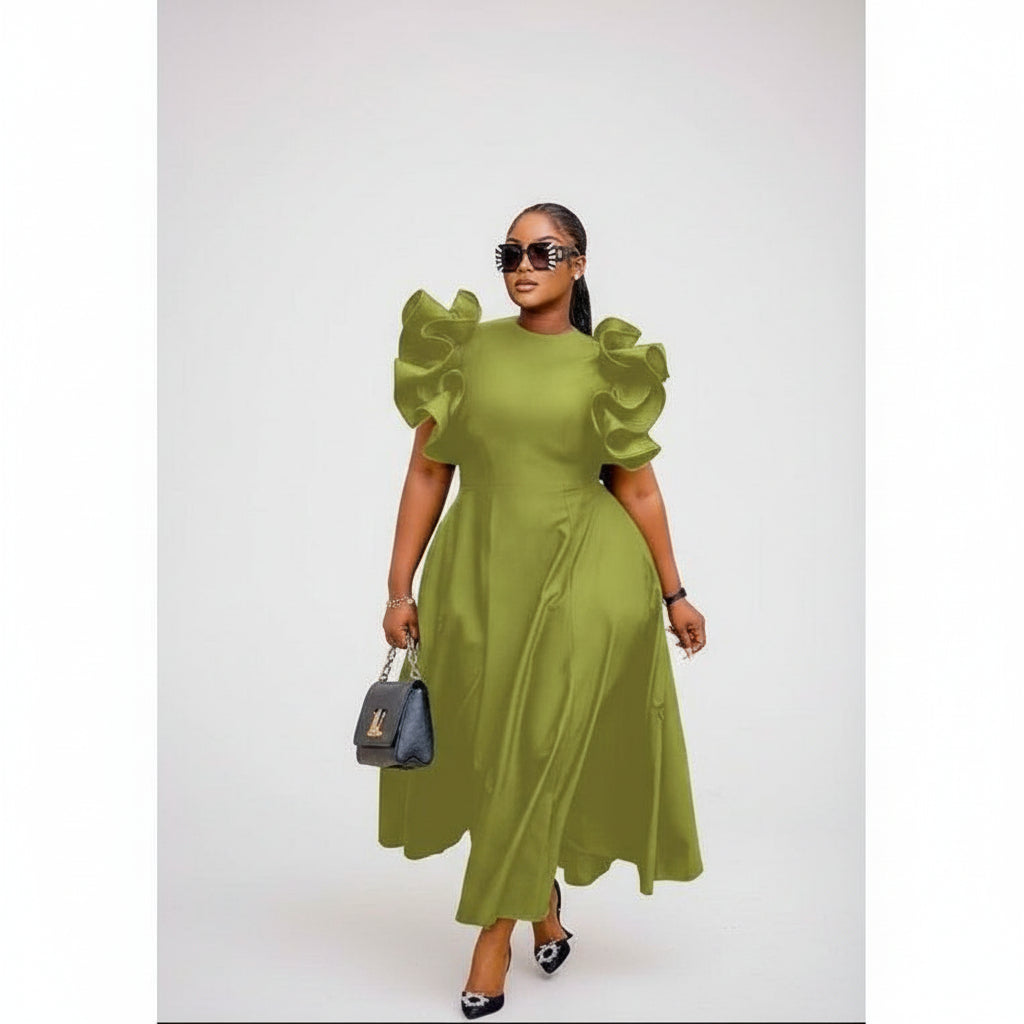 Round Neck Puff Flared Sleeves Midi Dress
