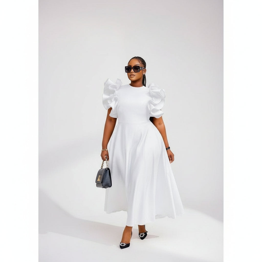 Round Neck Puff Flared Sleeves Midi Dress