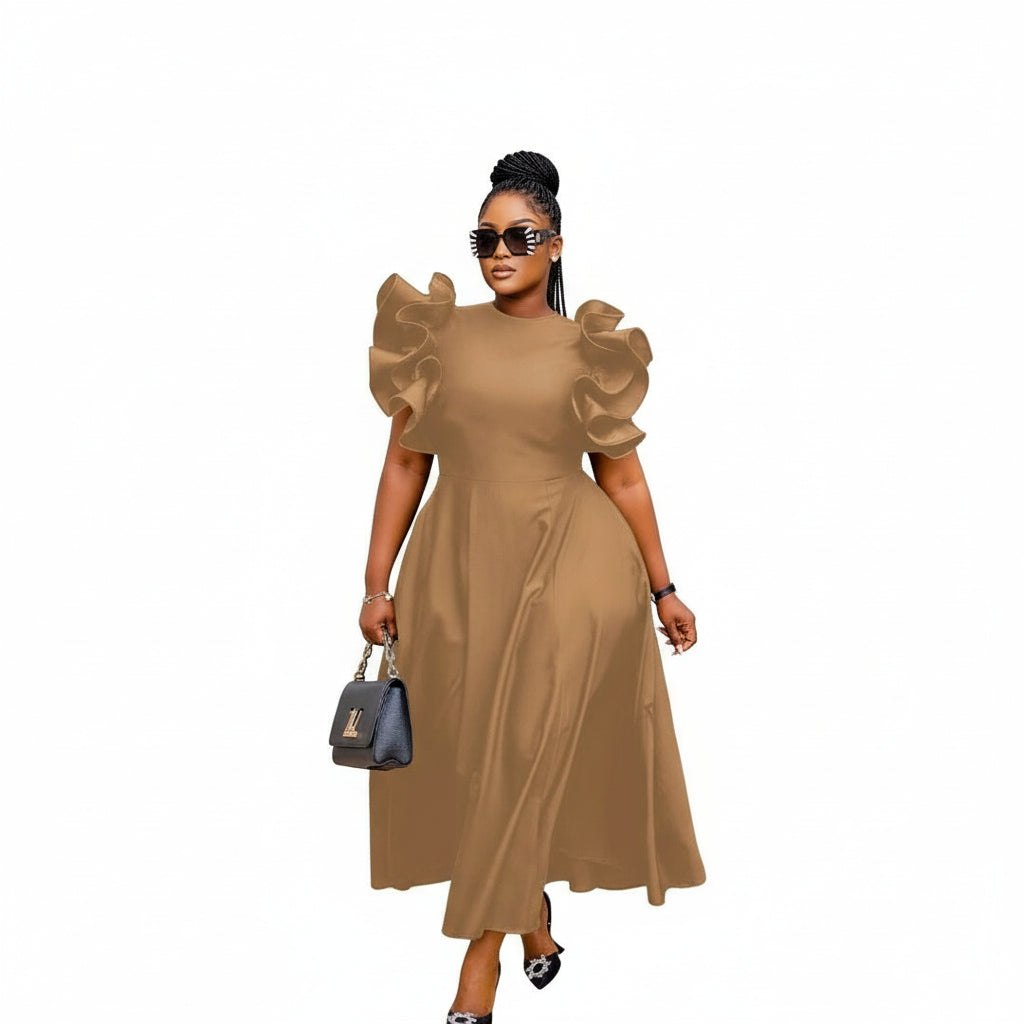 Round Neck Puff Flared Sleeves Midi Dress