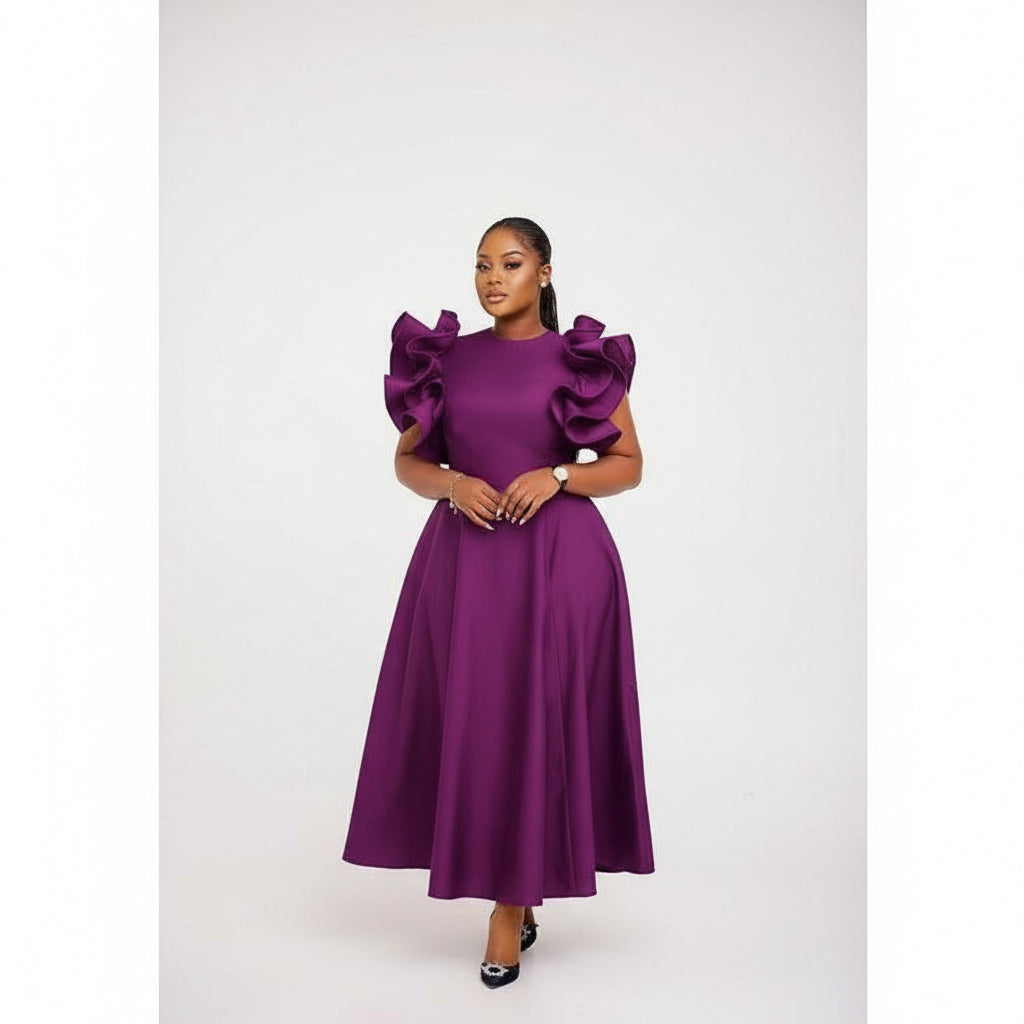 Round Neck Puff Flared Sleeves Midi Dress