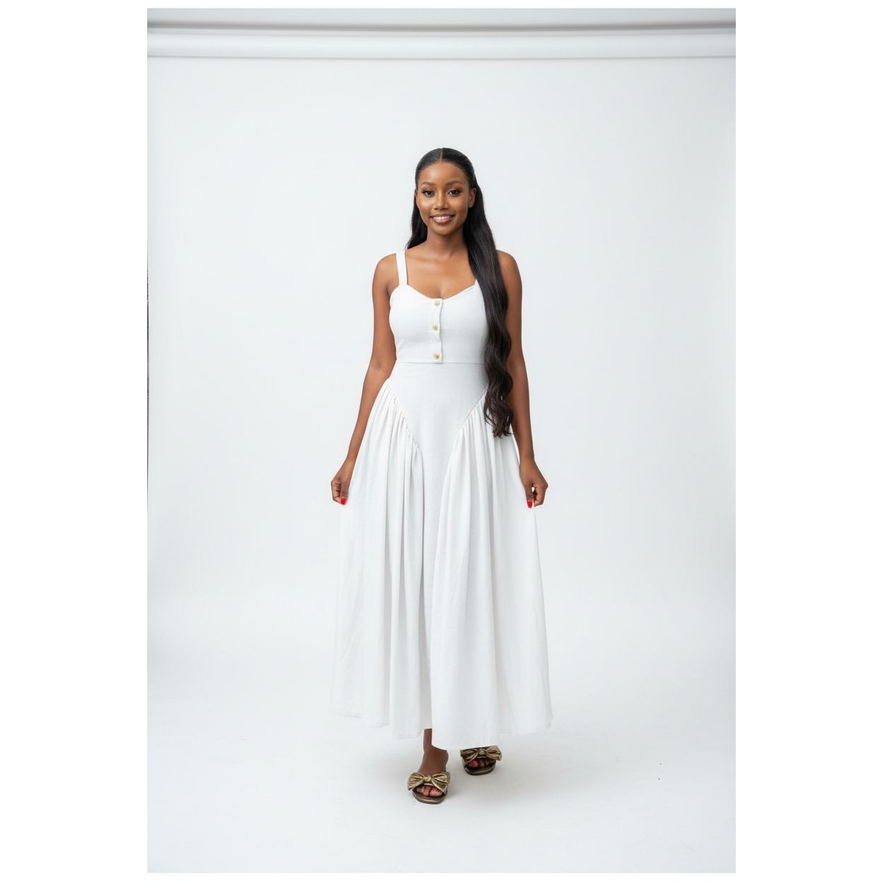 Button Detail Elegant Boobtube Maxi Dress.