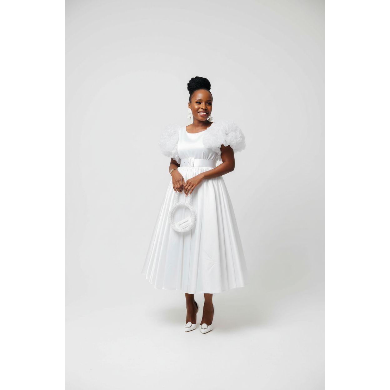 Flare Short Sleeve Round-Neck Belted Midi Dress