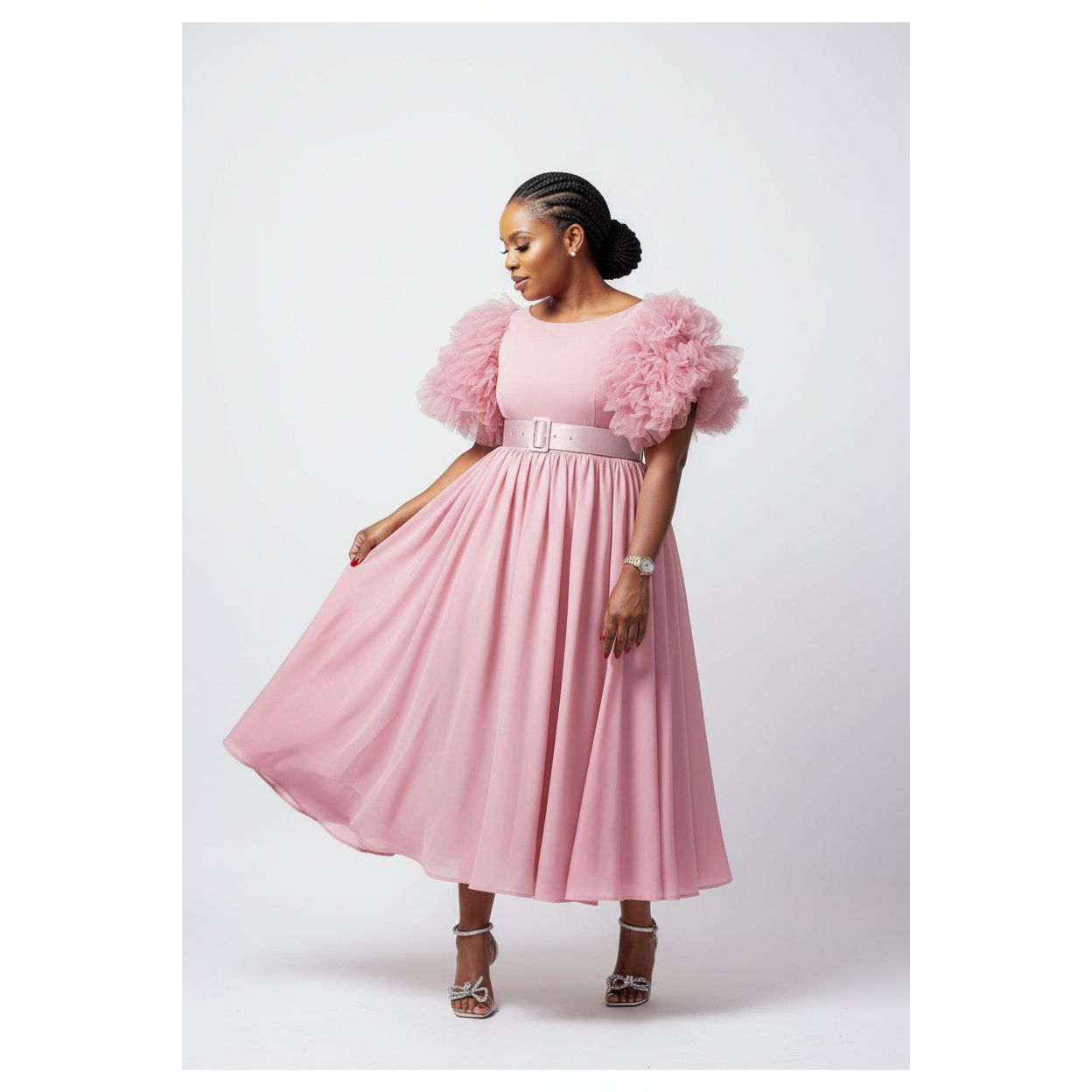 Flare Short Sleeve Round-Neck Belted Midi Dress