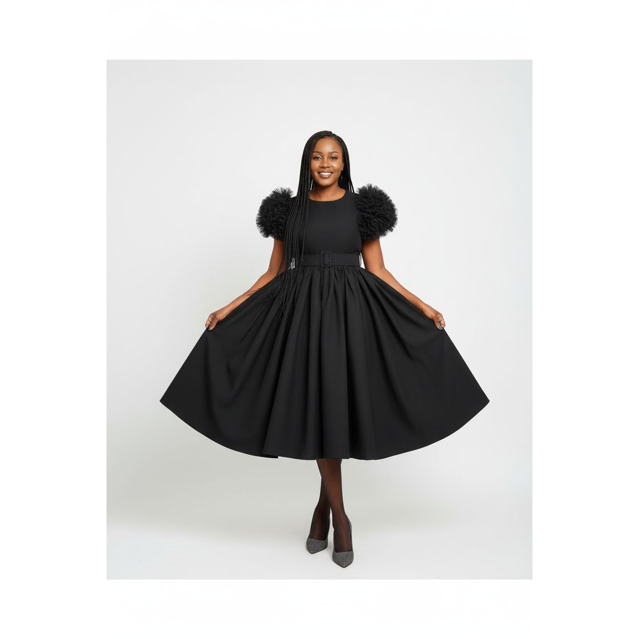 Flare Short Sleeve Round-Neck Belted Midi Dress
