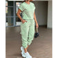 Casual Solid Color Drawstring Waist Pants with Plain Top Set