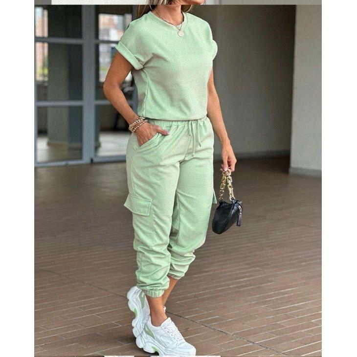 Casual Solid Color Drawstring Waist Pants with Plain Top Set
