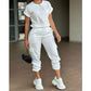 Casual Solid Color Drawstring Waist Pants with Plain Top Set