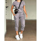 Casual Solid Color Drawstring Waist Pants with Plain Top Set