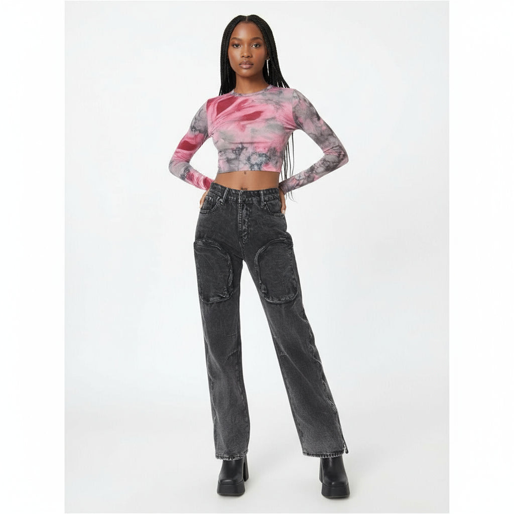 Grey Panel Seam Detail Wide Leg Jeans