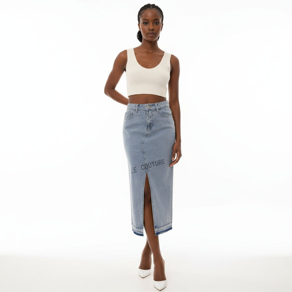Denim Midi Slit Cut Skirt