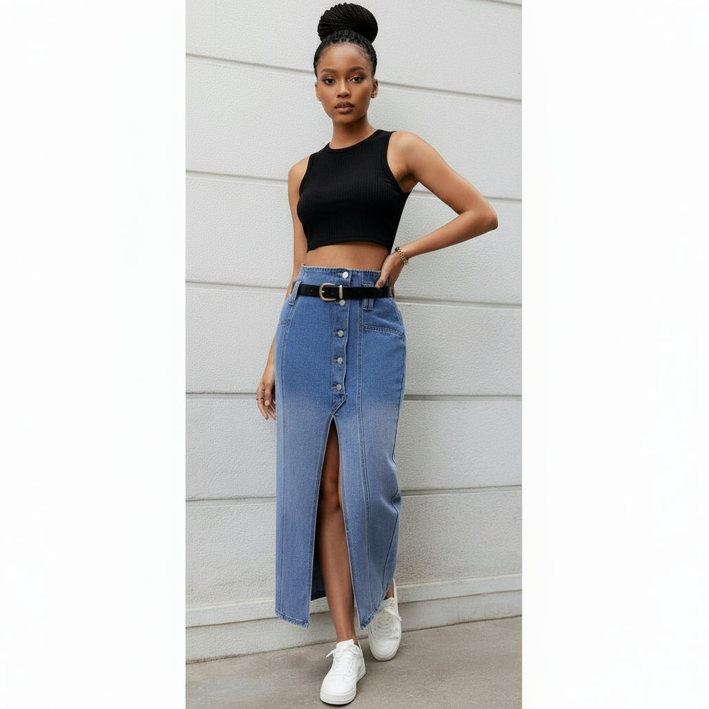 Denim Casual Loose Side Slit Midi Skirt