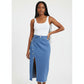 Denim Side Buttons Midi Slit Cut Skirt