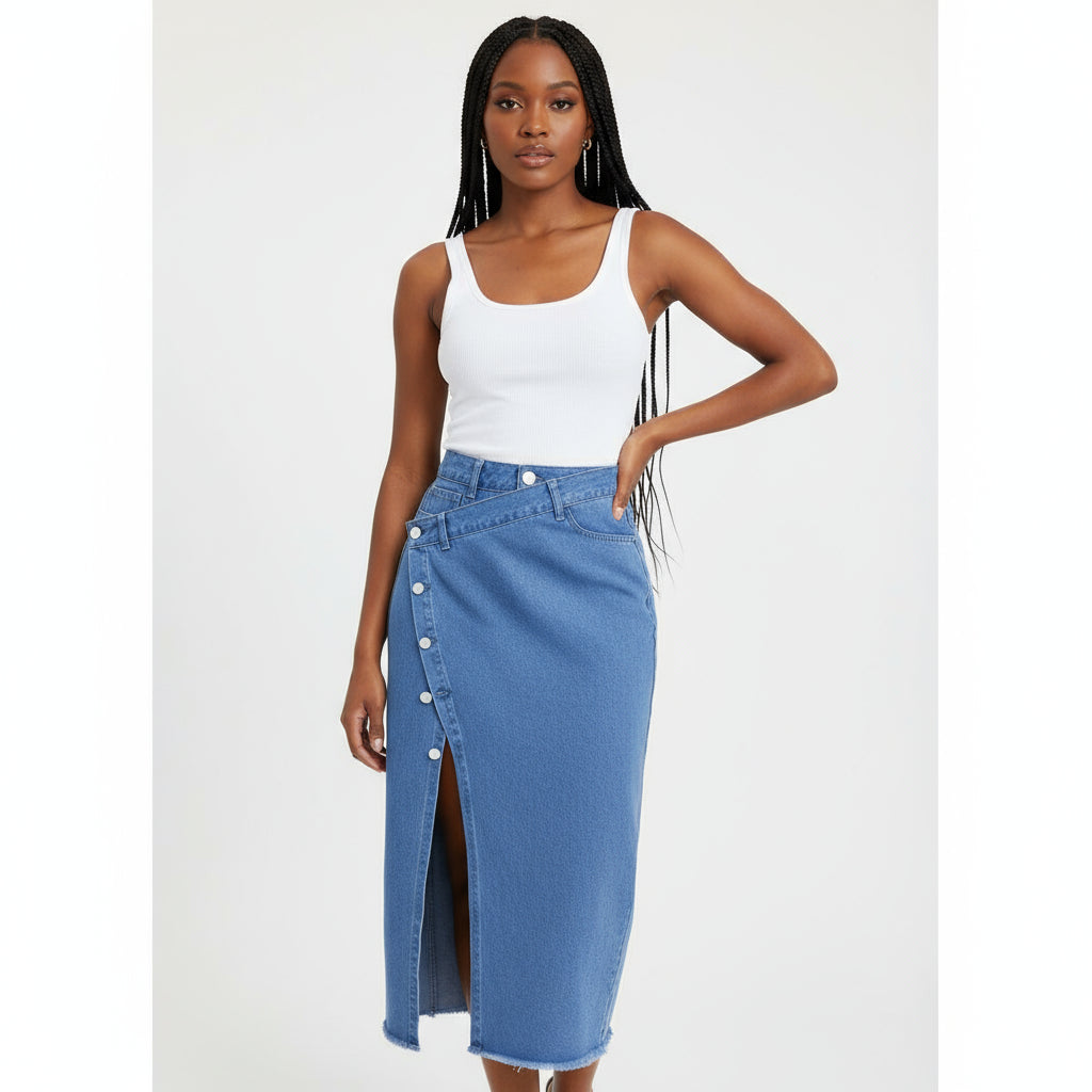 Denim Side Buttons Midi Slit Cut Skirt