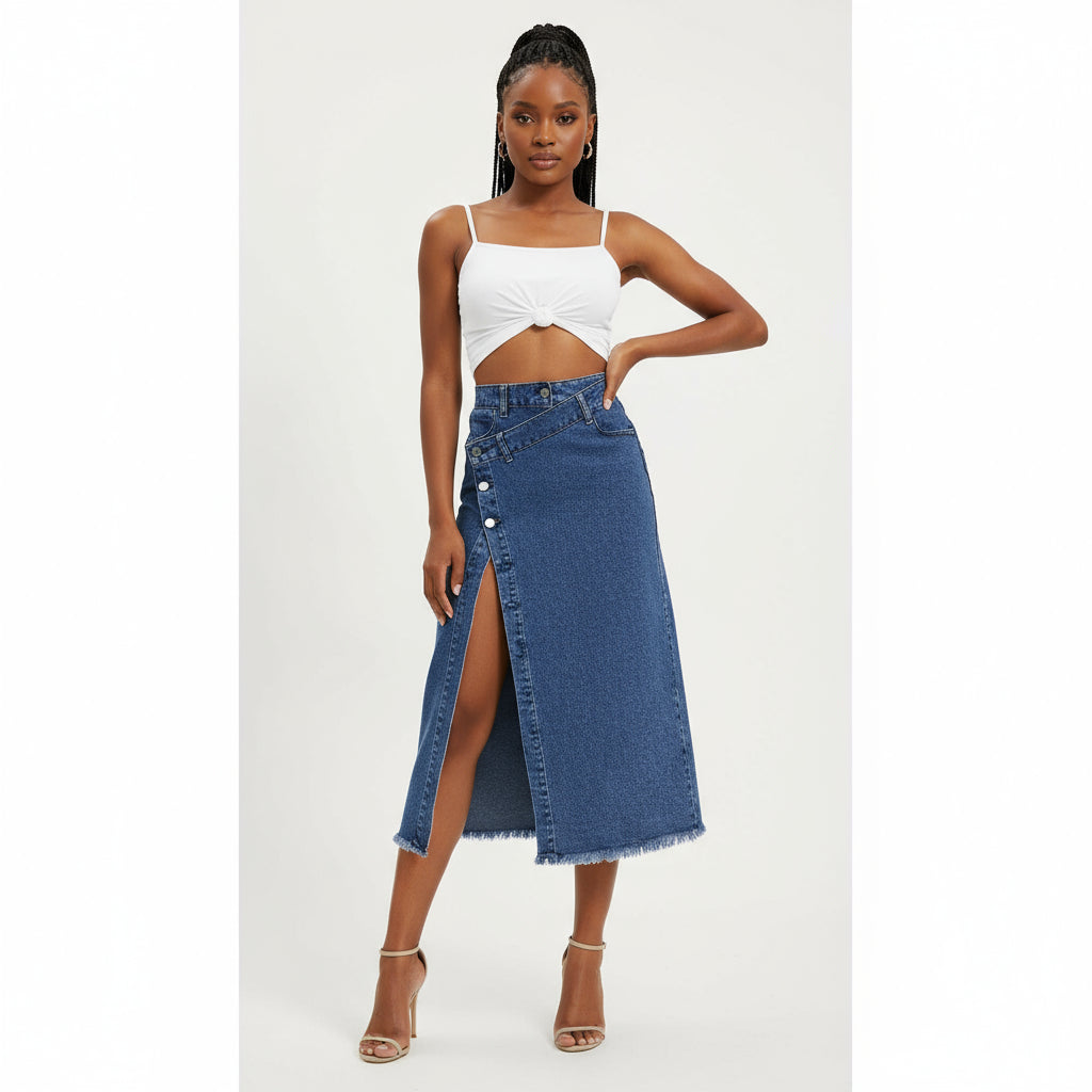 Denim Side Buttons Midi Slit Cut Skirt