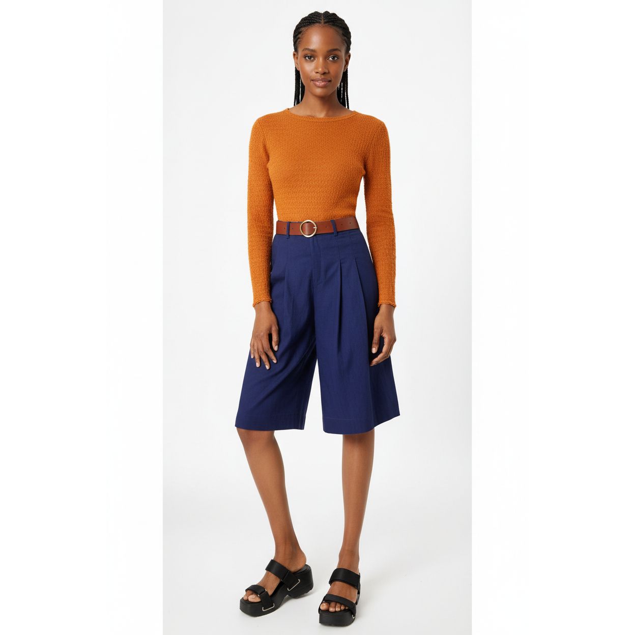 Elastic Waist Bermuda Pleated Wide Leg Shorts