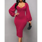 Solid Lantern Sleeve V-Neck Dress Elegant Split Bodycon