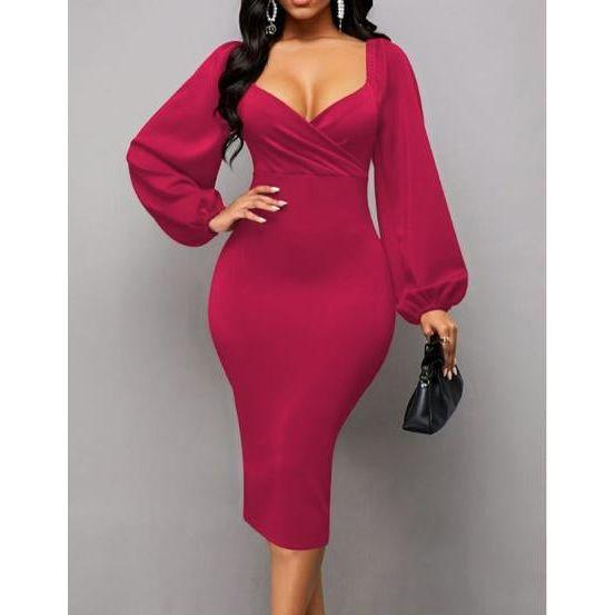Solid Lantern Sleeve V-Neck Dress Elegant Split Bodycon
