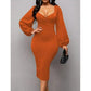 Solid Lantern Sleeve V-Neck Dress Elegant Split Bodycon