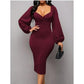 Solid Lantern Sleeve V-Neck Dress Elegant Split Bodycon
