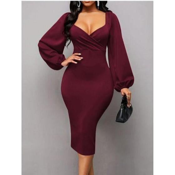 Solid Lantern Sleeve V-Neck Dress Elegant Split Bodycon