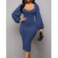 Solid Lantern Sleeve V-Neck Dress Elegant Split Bodycon