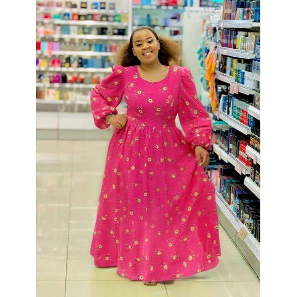 Square Neck Floral Textured Flare Waist Long Sleeve Dress