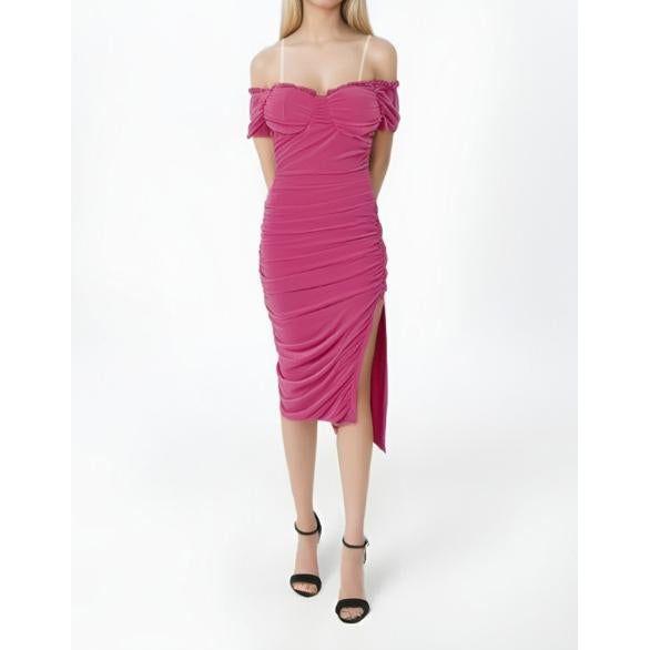 Ruffled Mesh Cross Strap Spaghetti Slit Midi Dress