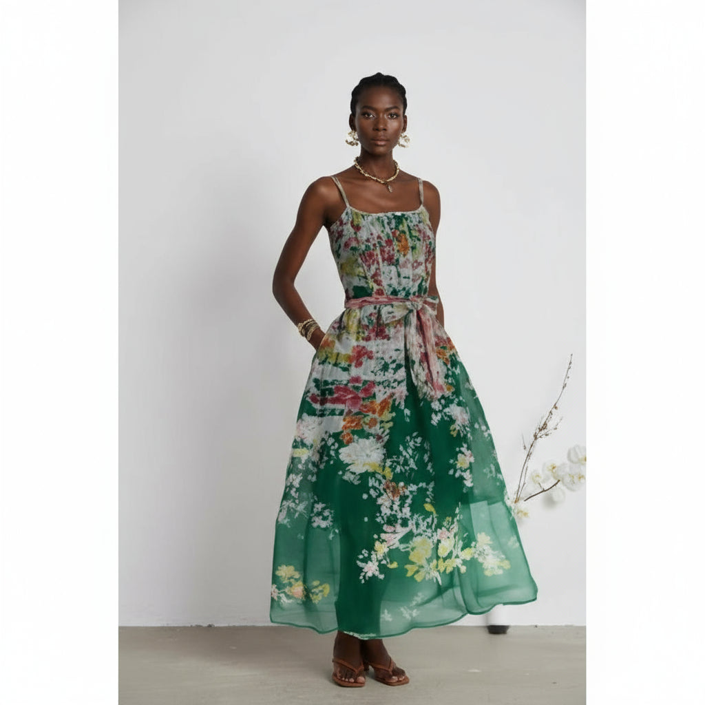 Printed Multi-Color Floral Linen-blend Maxi Dress.