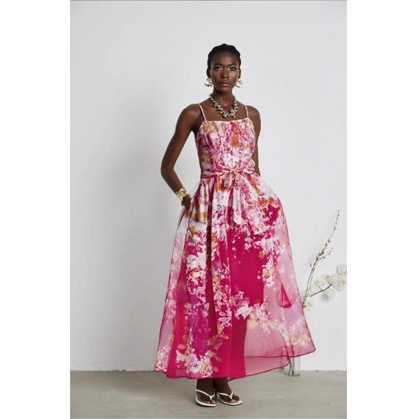 Printed Multi-Color Floral Linen-blend Maxi Dress.