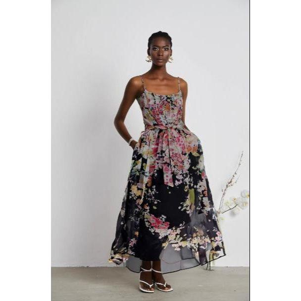 Printed Multi-Color Floral Linen-blend Maxi Dress.