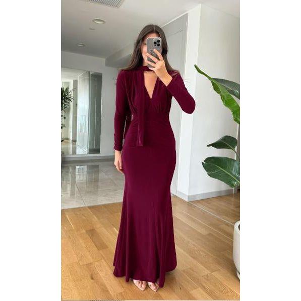Bottom Pleated Solid Color Long Sleeve Front Tie Dress