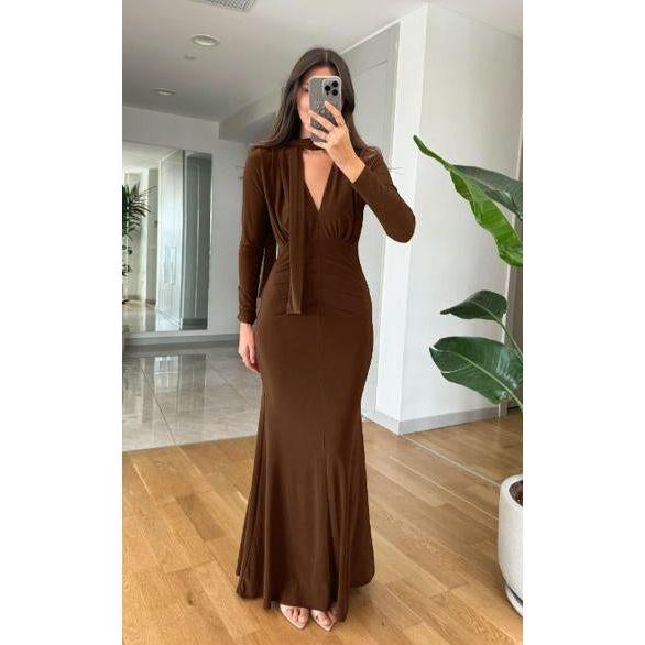 Bottom Pleated Solid Color Long Sleeve Front Tie Dress