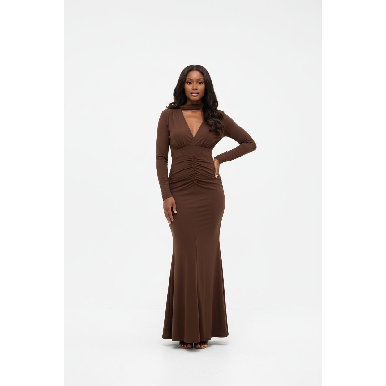 Bottom Pleated Solid Color Long Sleeve Front Tie Dress