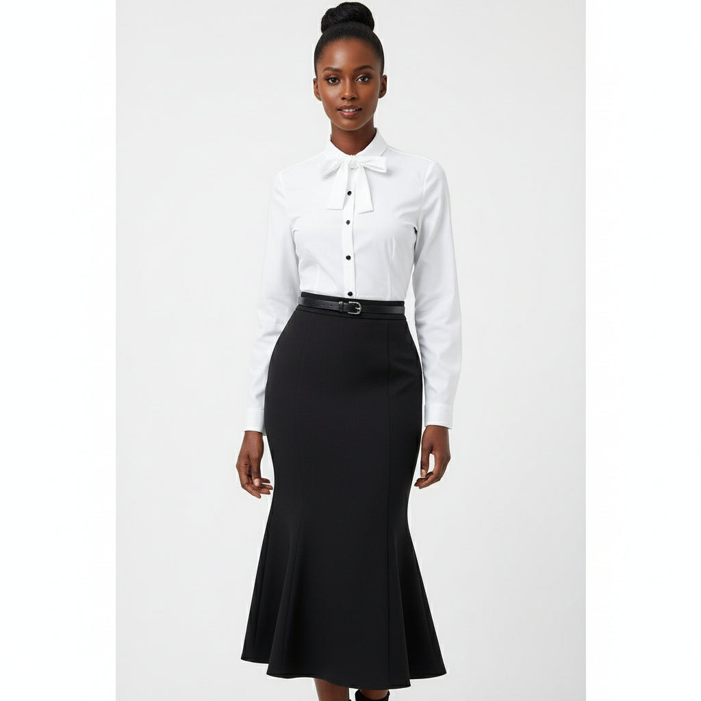 Satin Pencil Belted Mermaid Hem Maxi Skirt