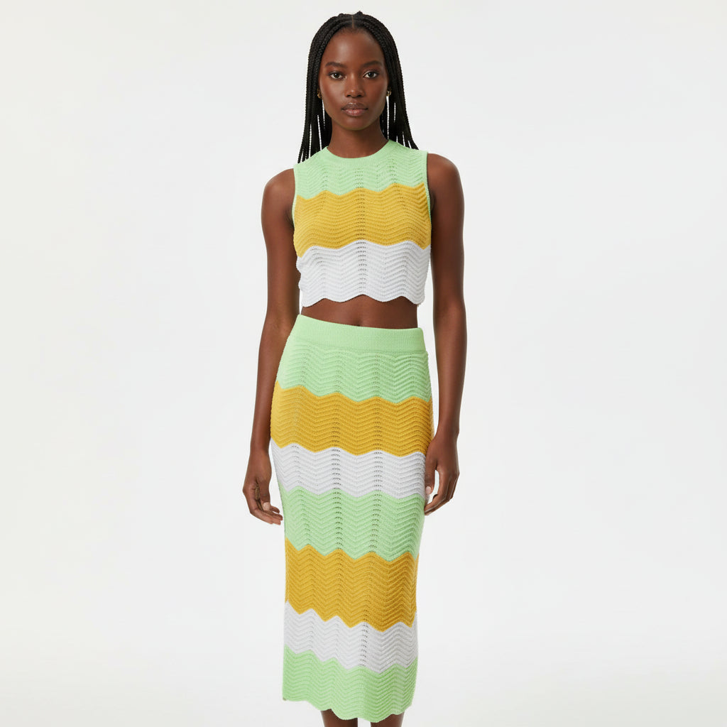 Sleeveless Cardigan Sweater With Scallop Trim & Knitted Skirt Set