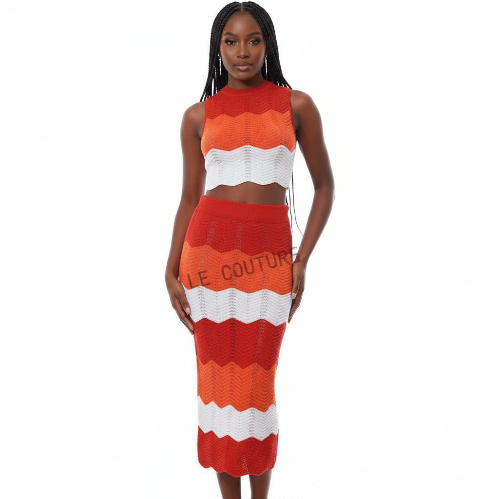 Sleeveless Cardigan Sweater With Scallop Trim & Knitted Skirt Set