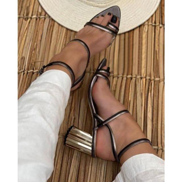 Leather Ankle Wrap Block Heel Sandal