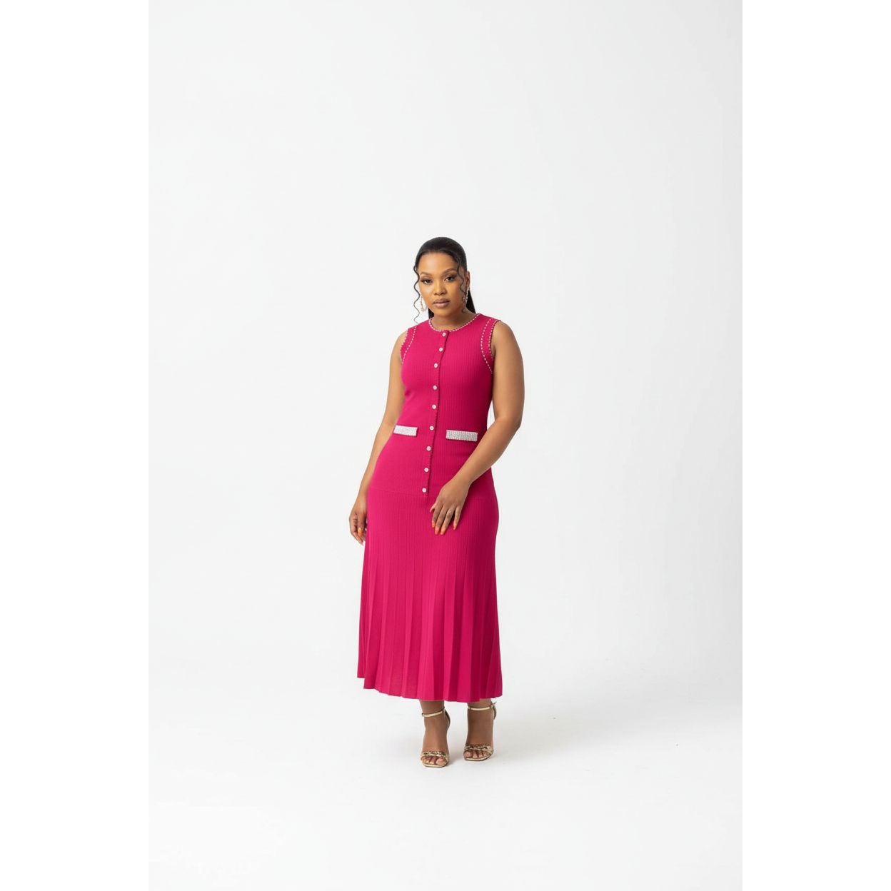 Pearls & Buttons Knit Bodycon Midi Dress