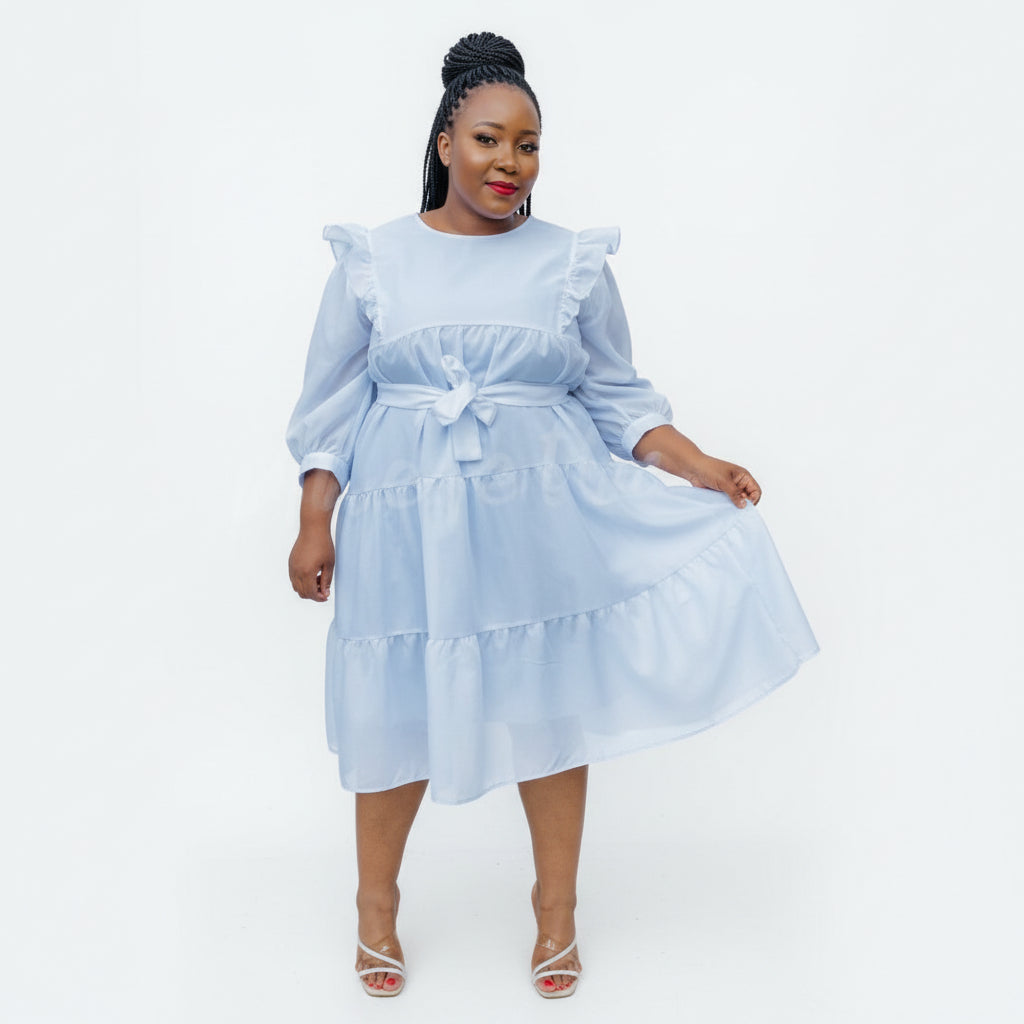 Puffy 3/4 Sleeves Plain Midi Dress