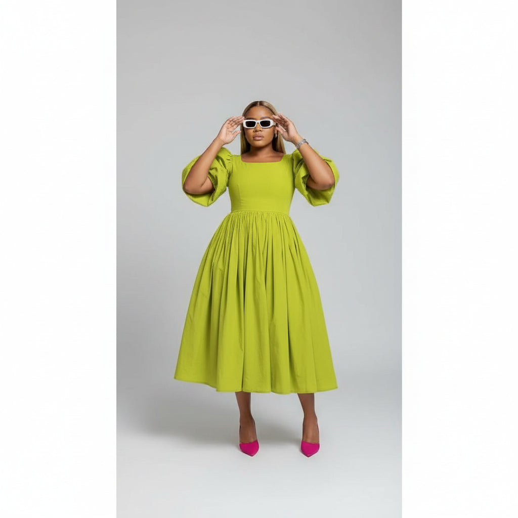 Pleated Square Neck Flared Sleeve Midi Dress