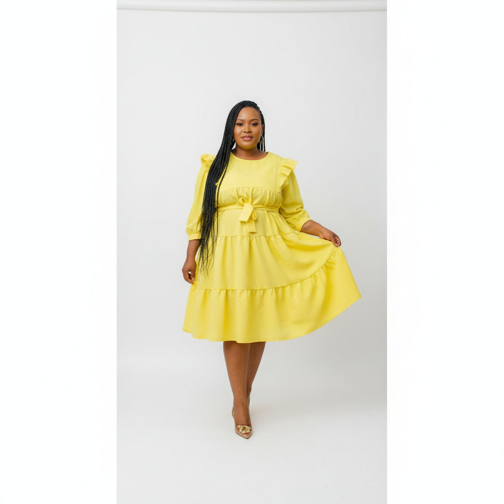 Puffy 3/4 Sleeves Plain Midi Dress