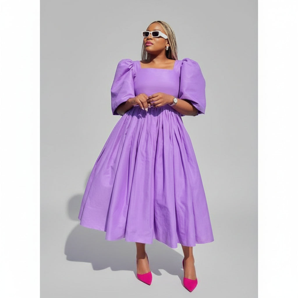 Pleated Square Neck Flared Sleeve Midi Dress