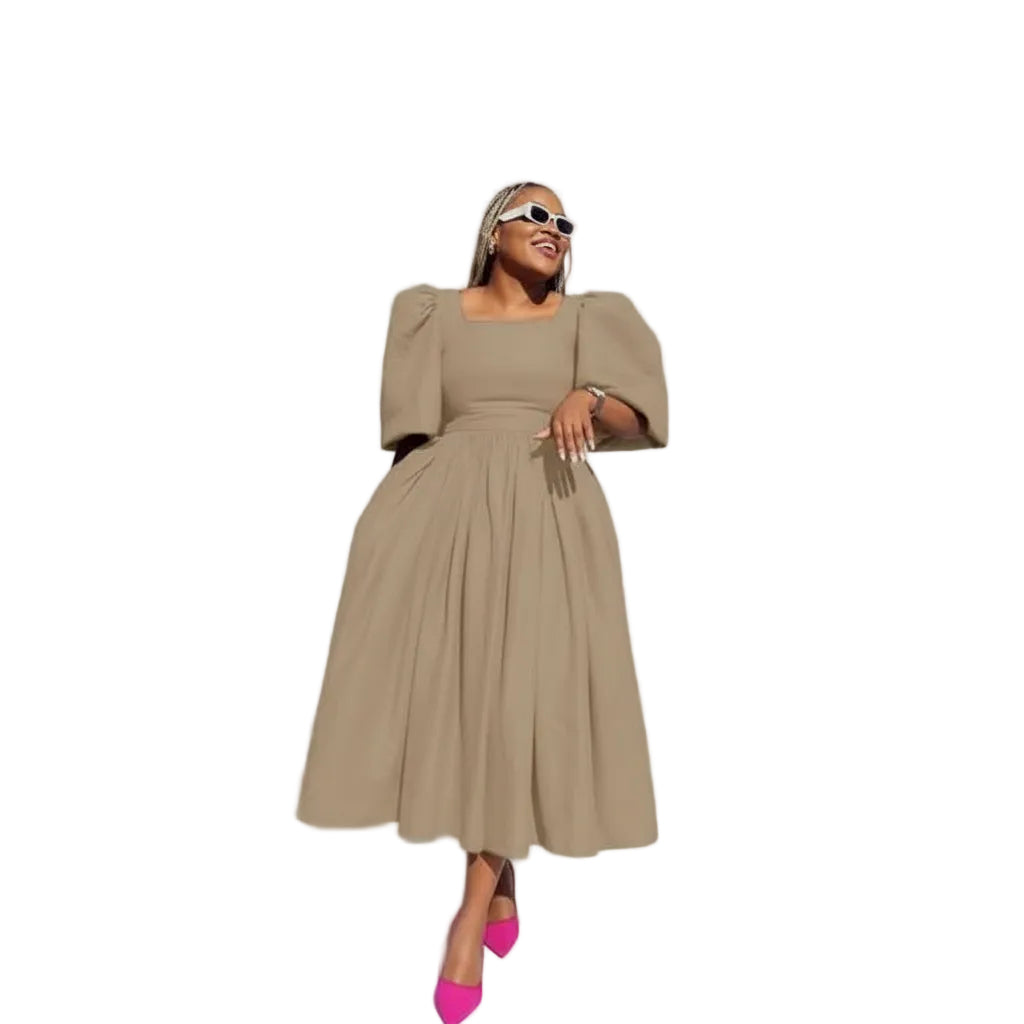 Pleated Square Neck Flared Sleeve Midi Dress