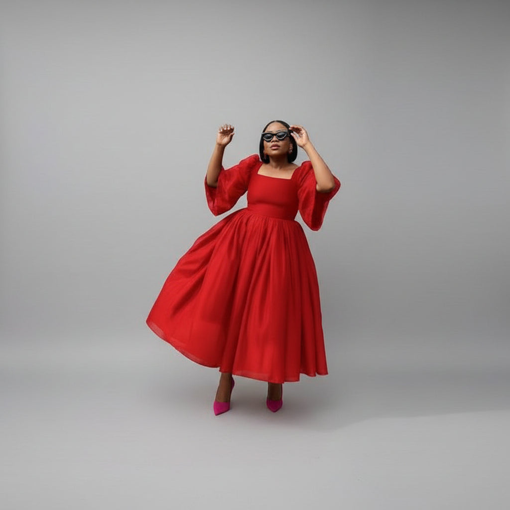 Pleated Square Neck Flared Sleeve Midi Dress