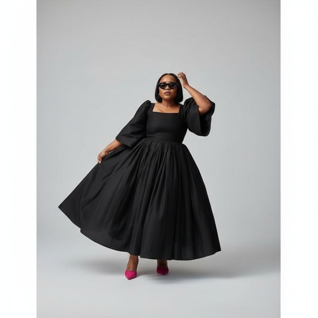 Pleated Square Neck Flared Sleeve Midi Dress