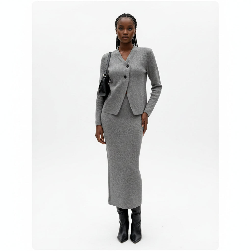 2 Pieces Ladies Elegant Knit Skirt & Sweater Set