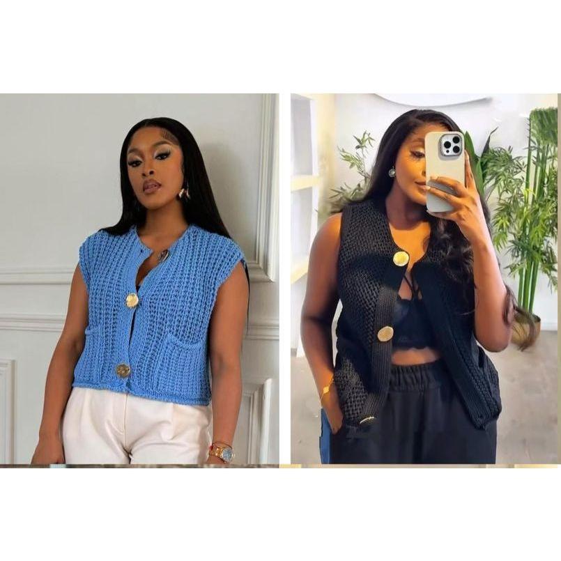 Chiquease New V-Neck Ribbed Knitted Cardigan Vest