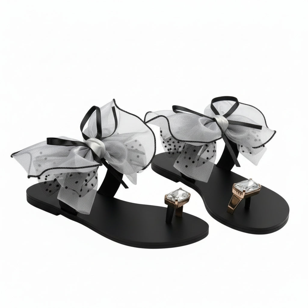 Bow Knot And Jewel-Encrusted Thumb Buckle Flat Slipper