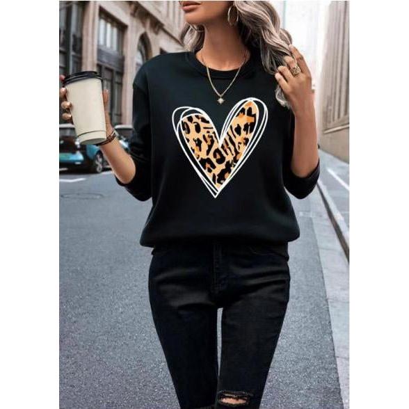 Round Neck Long Sleeve Heart Print Casual Sweatshirt